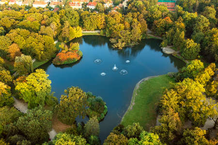 Top view of the blue lake with fountains in the city park. Poland, Wroclawの写真素材