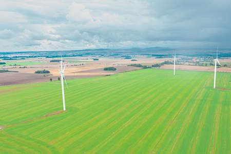 Summer landscape with a thundercloud over fields and forests, view from aboveの写真素材