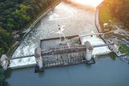 Small dam and sluices on the Odra river, Wroclawの写真素材