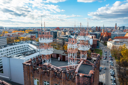 Satellite dishes, satellite antennas mounted on the chimney of a new home. Eveningの写真素材
