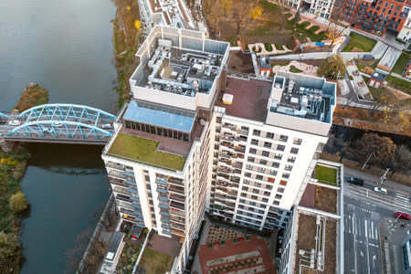 View from a height to a multi-storey building in the cityの写真素材