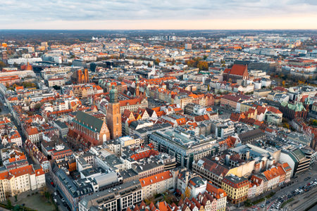 Aerial view of the city of Wroclaw. Panorama of an old European city from the air on a summer day