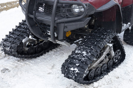 Snowmobile. Close-up of a caterpillar for driving a machine.