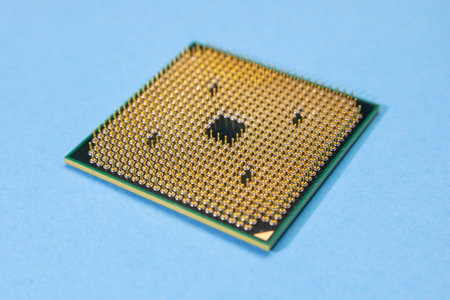 Processor from a computer on a blue background. computer repair