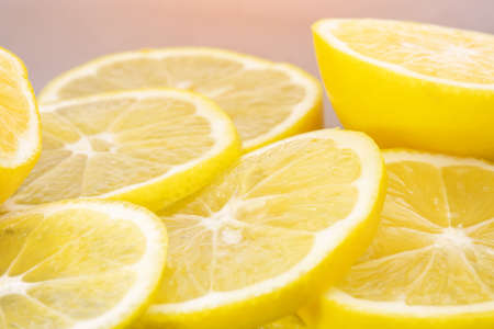 Juicy lemon slices close-up, for background, fruitsの写真素材