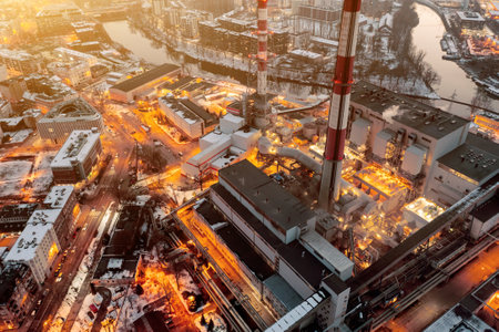 Aerial view of a coal-fired power plant in the evening sending a power line to the cityの写真素材