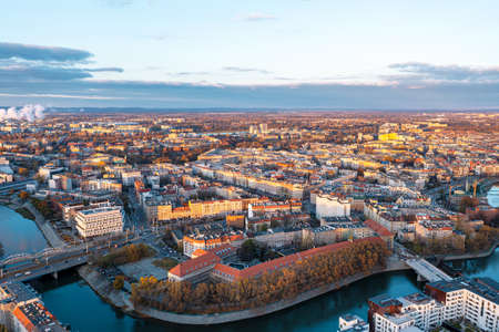 Aerial view of the city of Wroclaw. Panorama of an old European city from the air on a summer dayの写真素材