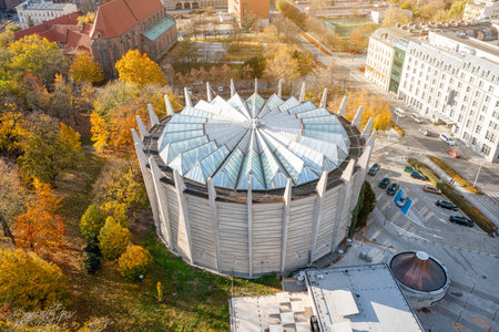 View from a height of the ancient museum in the city of Wroclaw, Poland. Building of the National...