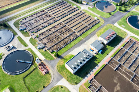 Aerial view of the water treatment plant. Purification of urban industrial watersの写真素材