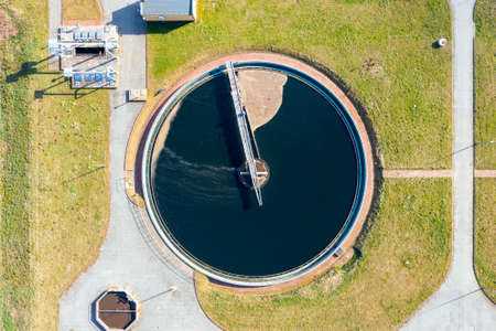 Industrial water treatment, recirculating sump with cleaning filters, top view, ecosystem and healthy environment conceptsの写真素材