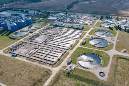 Aerial view of the water treatment plant. huge sewage treatment plantの写真素材