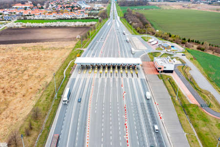 Aerial drone view on toll collection point on the motorwayの写真素材