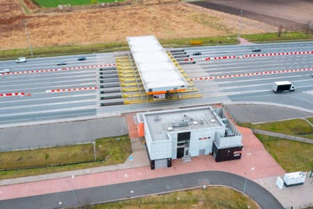 Aerial drone view on toll collection point on the motorwayの写真素材