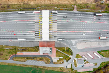 Aerial drone view on toll collection point on the motorwayの写真素材
