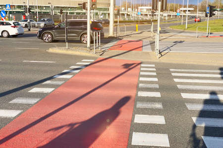 Bicycle path for urban street traffic, red bicycle roadの写真素材