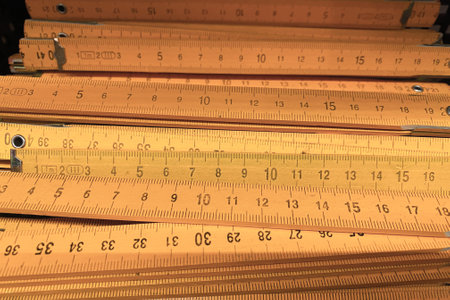 carpenter's ruler, many folding wooden rulers for carpentersの写真素材