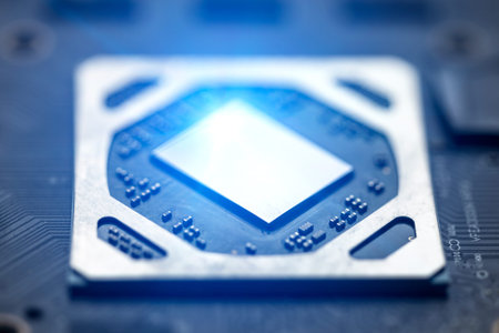 Close-up of a computer processor illuminated by a bright lightの写真素材