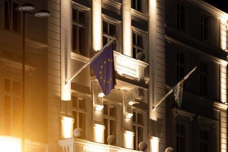 EU flag on government building, illuminated EU flag