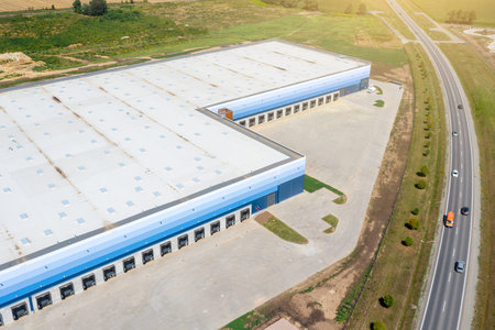 Logistic empty park with warehouse, top view