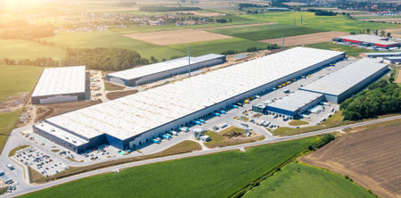 Modern European logistics warehouse for worldwide delivery of goods, warehouse, aerial view