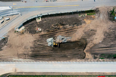 Aerial view of repair work on the freewayの写真素材