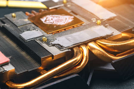 Old thermal dried paste on a computer radiator, computer repair and maintenanceの写真素材