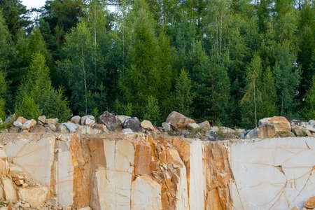 Rocks in a quarry, green trees growing on stonesの写真素材