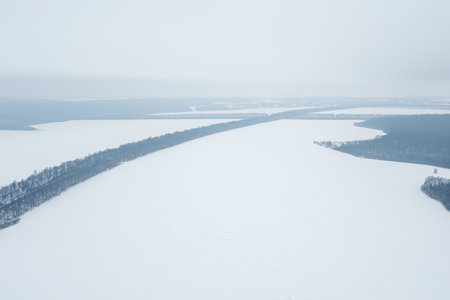 View from a height of a winter landscape with a snowy field, forest and fogの写真素材