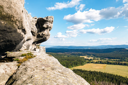 Hanging rocks in the mountains, tourist place in Szczlinec, Polandの写真素材