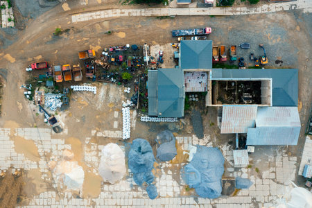 Heavy industrial machinery parking, industrial area, top view