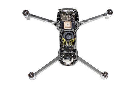 Broken drone after falling on a white isolated backgroundの写真素材