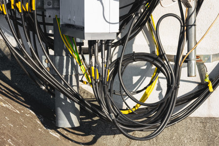 Close-up of a cellular antenna with many power cables, coaxial cables, optical fibers.