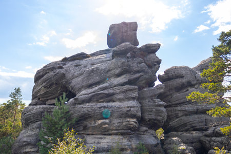 Large hanging stone rocks in the tourist place Szczeliniec wielki, Polandの写真素材