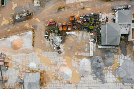 Heavy industrial machinery parking, industrial area, top viewの写真素材