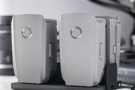 Batteries from the quadcopter are charging, lithium-ion high-current batteries are chargingの写真素材