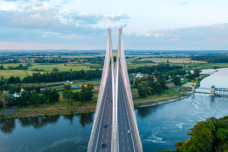 Road bridge with pylons, large road bridge and dam in the background. Wroclaw, Polandの写真素材