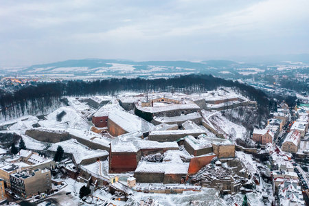 Top view of snowy white fortress, winter landscapeの写真素材