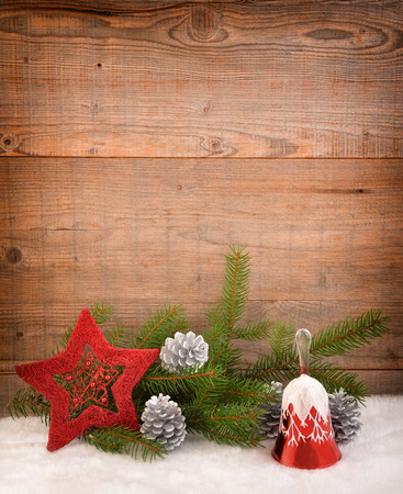 Christmas background, holiday card. Christmas decoration on wood.の写真素材