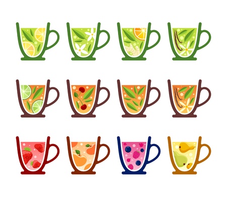 Various tea kinds in teacupsのイラスト素材