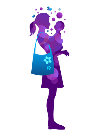 Silhouette of yound mother holding a little childのイラスト素材