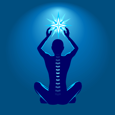 Spine health illustration, man with shining star in handsのイラスト素材