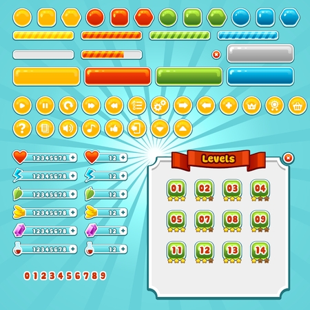 Game interface elements set, various buttons, progress bars and iconsのイラスト素材