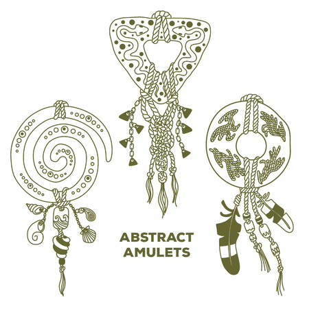 Three abstract amulets in ethnic style isolated on white backgroundのイラスト素材