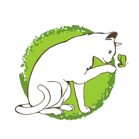 Cute white cat playing with a butterfly, vector illustrationのイラスト素材
