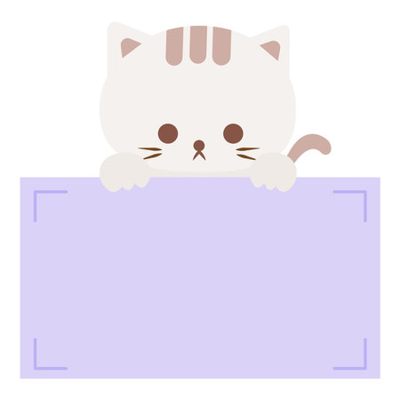 Cartoon cute white cat holding memo. Frame for photo, text, note, sticker, label. Little animal to do list card. Isolated on white background, vector, illustration, EPS10のイラスト素材