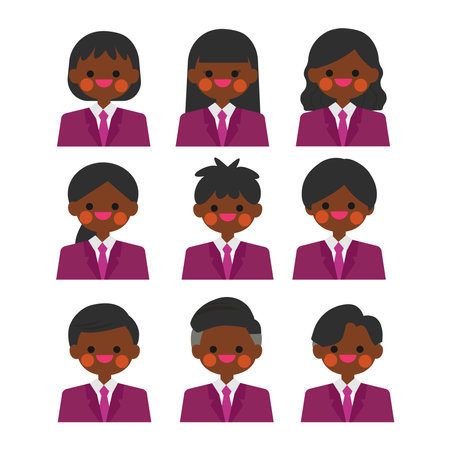 Cartoon business profile picture icon set. Upper body with facial expression, male and female collection. Purple color business suit design. Vector, illustration, EPS10のイラスト素材