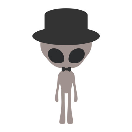 Cartoon cute funny grey alien character with standing pose, wearing fedora, top hat. Isolated on white background, flat design, vector, illustration, EPS10のイラスト素材