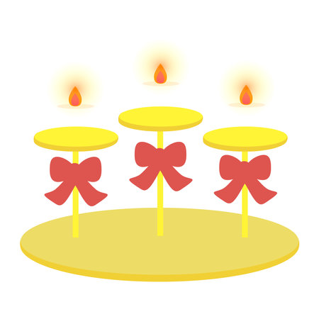 Cute cartoon vintage decorative candlesticks with red ribbon. Candelabrum with three candles. Isolated on white background, flat design, EPS10 vectorのイラスト素材