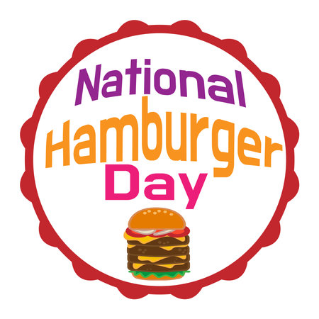 Cartoon cheese big burger icon and sticker. Burger with lettuce, tomato, cheese and hamburg steak. National Hamburger Day vector, illustrationのイラスト素材