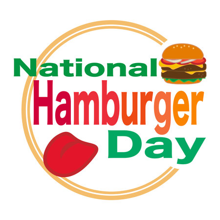 Cartoon cheese big burger icon and sticker. Burger with lettuce, tomato, cheese and hamburg steak. National Hamburger Day vector, illustrationのイラスト素材